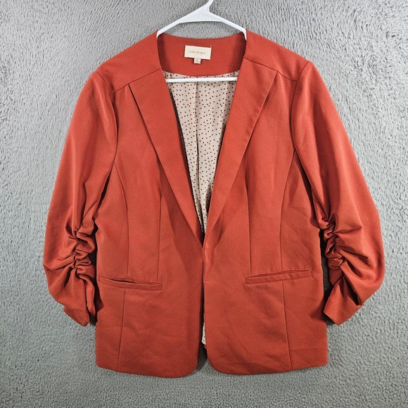 Skies Are Blue Jackets & Blazers - Skies Are Blue Ruched Sleeve Blazer Burnt Orange Polka Dot Lining Womens XL